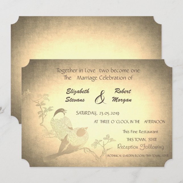 Invitación de boda rústica vintage con pájaros (Anverso / Reverso)
