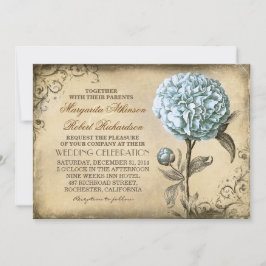 invitación de boda rústica vintage con peonía azul