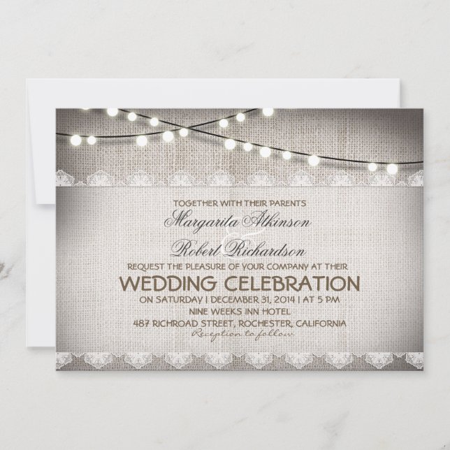 invitación de boda rústico a las luces de encaje d (Anverso)