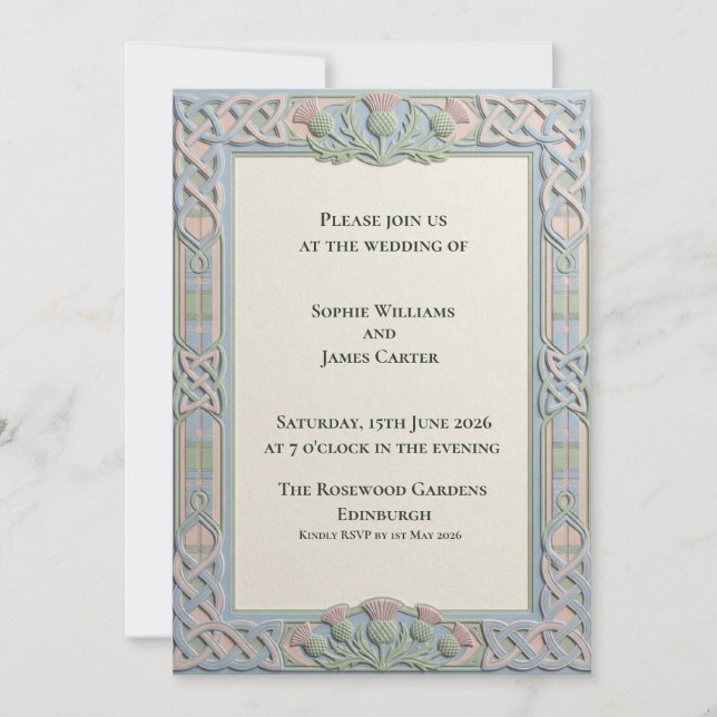 Invitación de boda Sage Celtic Thistle (Anverso)