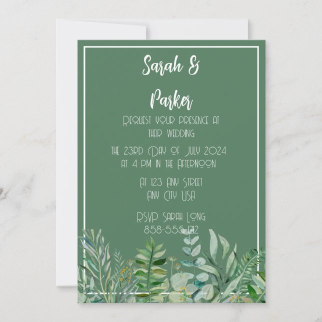 Invitación de boda Sage con hojas de follaje verde (Anverso)