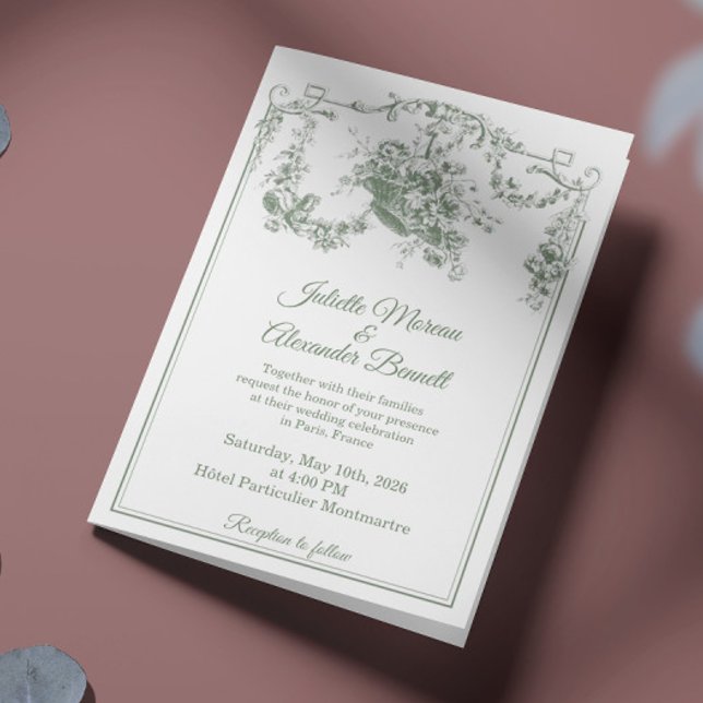 Invitación de boda Sage Green Toile de Jouy París (Subido por el creador)