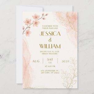 Invitación de boda Sakura con brillo de acuarela d