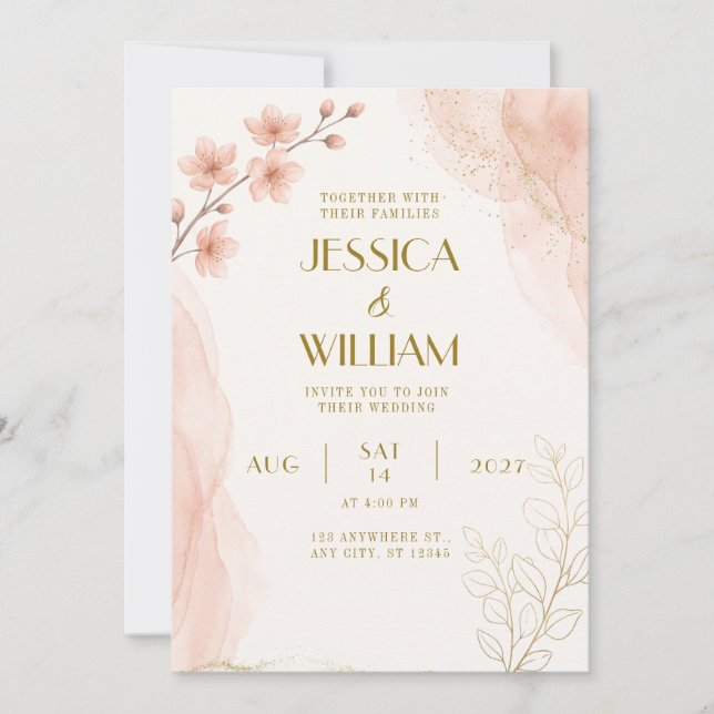 Invitación de boda Sakura con brillo de acuarela d (Anverso)