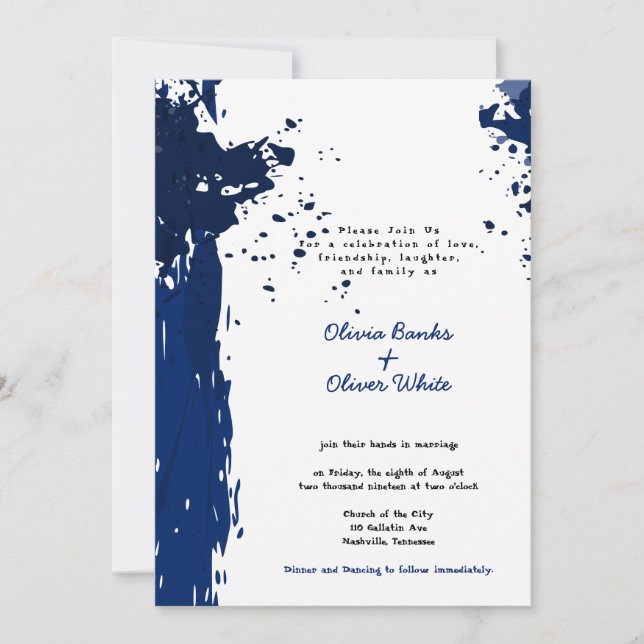 Invitación de boda - Salpicadura de pintura azul r (Anverso)