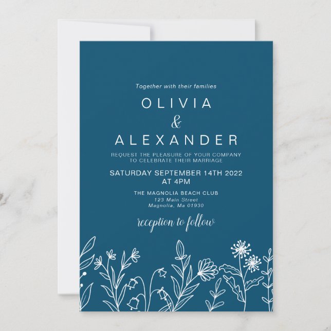 Invitación de boda salvaje boho azul con flores si (Anverso)