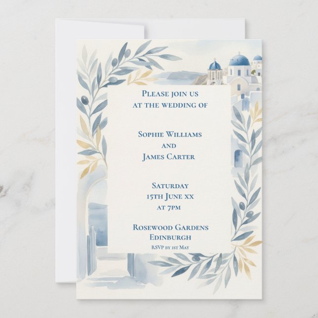 Invitación de boda Santorini azul pálido (Anverso)