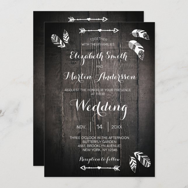 Invitación de boda sencilla de pluma de madera rús (Anverso / Reverso)