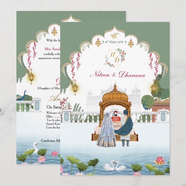 Invitación de Boda Sij Real Punjabi Anand Karaj (Anverso / Reverso)