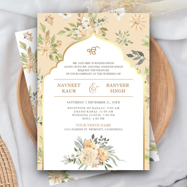 Invitación de boda Sikh Anand Karaj floral melocot (Subido por el creador)