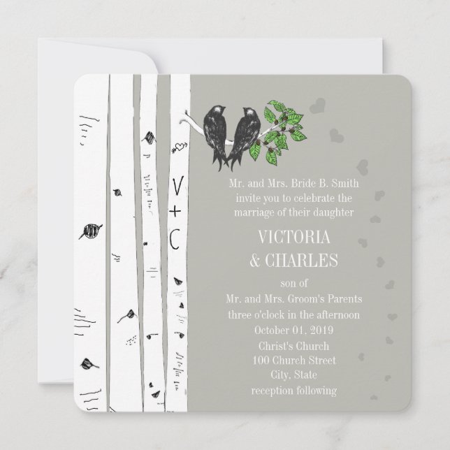 Invitación de Boda Silver Cloud Birch Vintage Bird (Anverso)