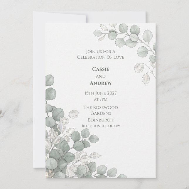 Invitación de boda Silver Eucalyptus Lunaria (Anverso)