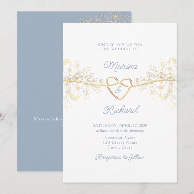 Invitación de boda simple azul polvoriento (Anverso / Reverso)