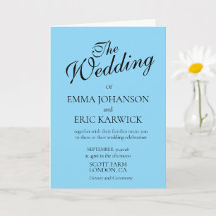 Invitación de boda simple azul y blanca moderna