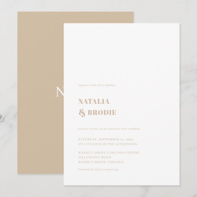 Invitación de boda simple beige blanca (Anverso / Reverso)