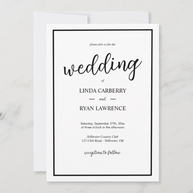 Invitación de boda simple clásica en blanco y negr (Anverso)