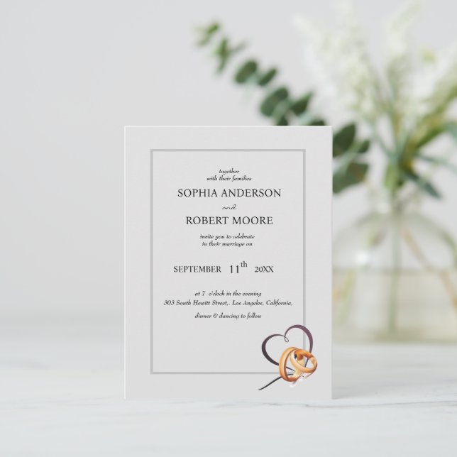 invitación de boda simple con anillos bodas (Anverso de pie)