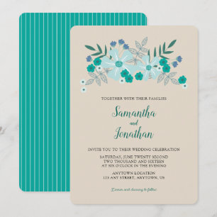 Invitación de boda simple con flores azul verde y 