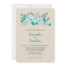 Invitación de boda simple con flores azul verde y 