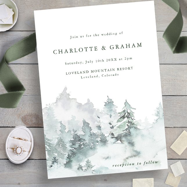 Invitación de boda simple de bosque con acuarela (Green and White - Simple Watercolor Forest Wedding Invitation
)