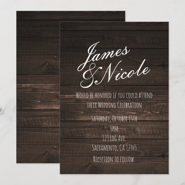 Invitación de boda simple de madera rústica oscura (Anverso / Reverso)