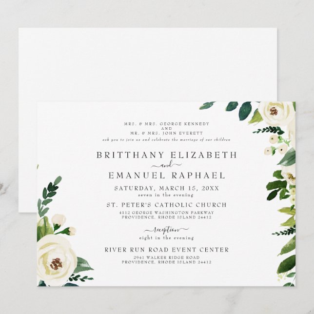 Invitación de boda simple en blanco con ambos padr (Anverso / Reverso)