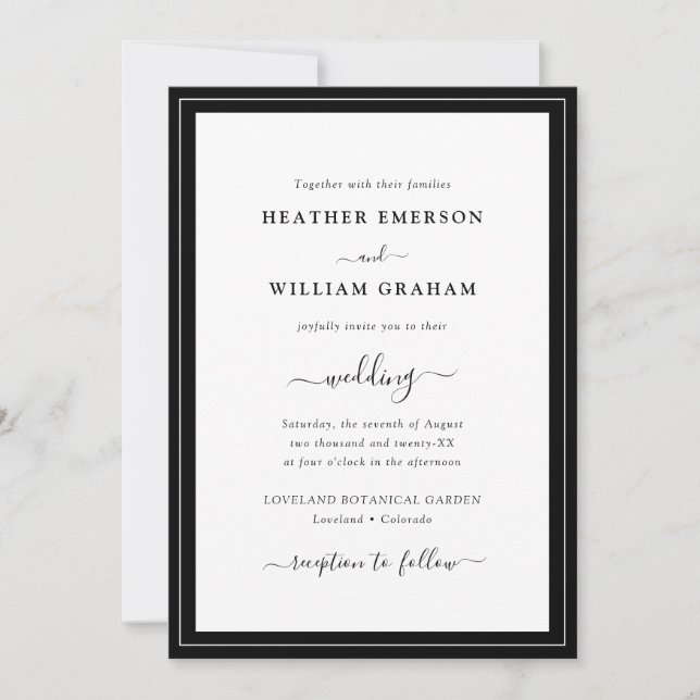 Invitación de boda simple en blanco y negro (Anverso)