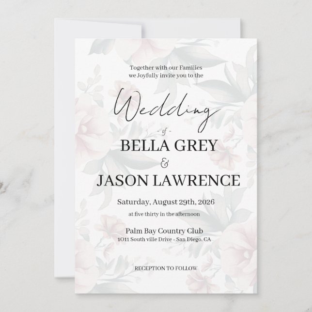 Invitación de boda simple flor negro y blanco (Anverso)