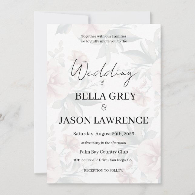 Invitación de boda simple flor negro y blanco (Anverso)