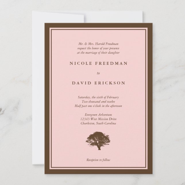 Invitación de boda simple marrón roble rosa (Anverso)