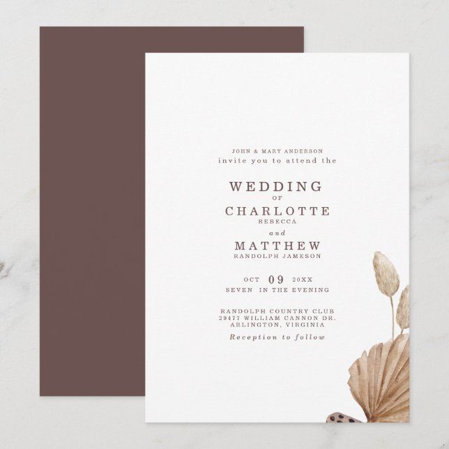 Invitación de boda simple marrón y beige (Anverso / Reverso)