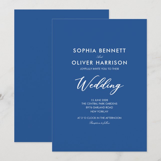 invitación de boda SIMPLE moderna elegante azul (Anverso / Reverso)