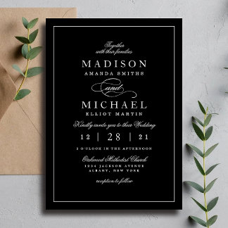Invitación de boda simple moderna en negro y blanc