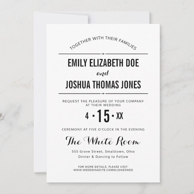 Invitación de boda simple, negro blanco personaliz (Anverso)