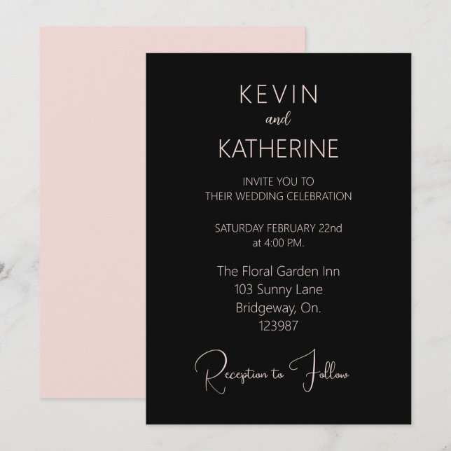 Invitación de boda simple rosa polvorienta negra (Anverso / Reverso)