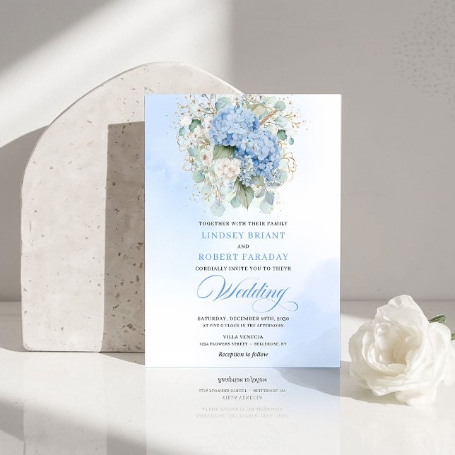 Invitación de boda sofisticada de hortensias azule (Sophisticated Blue Hydrangea Gold Wedding Invite)