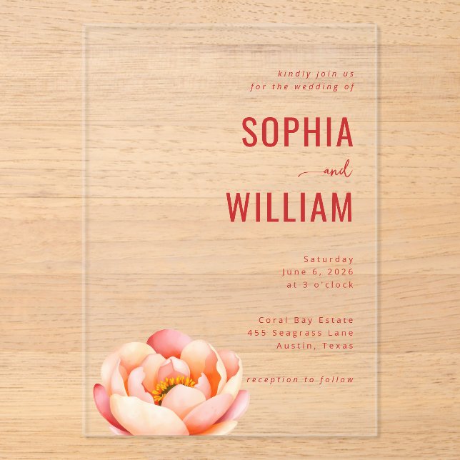 Invitación de boda sofisticada de loto de coral (Anverso)