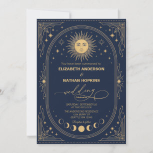 Invitación de Boda Sol Luna Celestial Dorado Azul 