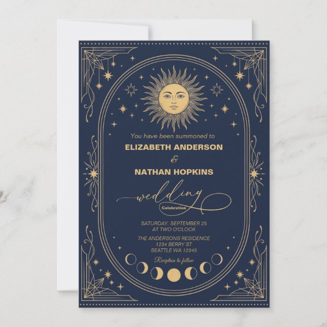 Invitación de Boda Sol Luna Celestial Dorado Azul  (Anverso)