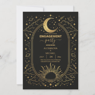 Invitación de Boda Sol Luna Celestial Negro Dorado