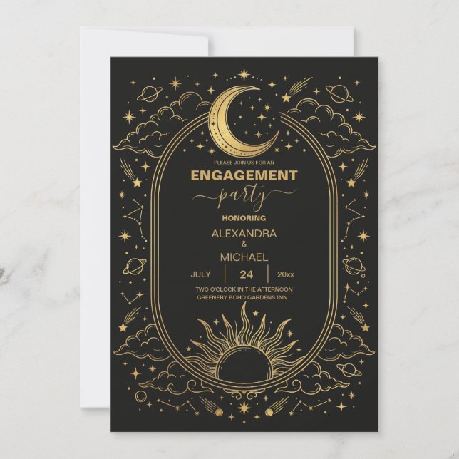 Invitación de Boda Sol Luna Celestial Negro Dorado (Anverso)