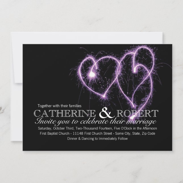 Invitación de boda Sparklers Purple Two Hearts (Anverso)