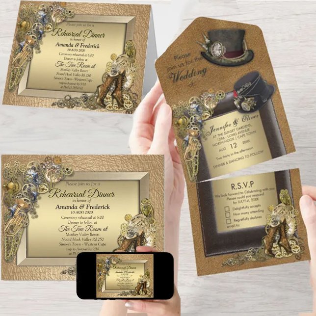 Invitación de boda Steampunk y cuero dorado todo e (Steampunk & gold Leather invitations)