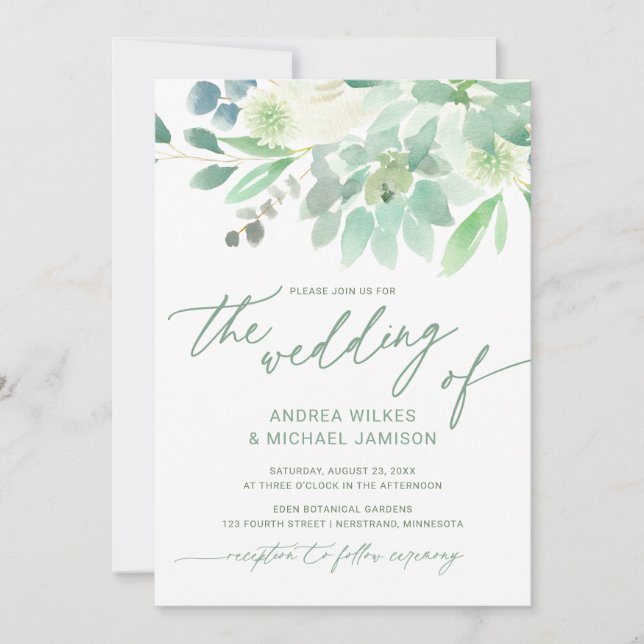 Invitación de Boda Suculenta Cactus Acuarela Verde (Anverso)