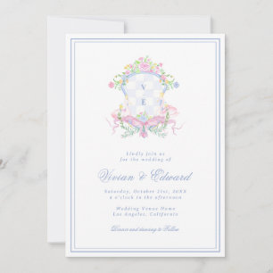 Invitación de Boda Swan Crest Monograma Azul Coste