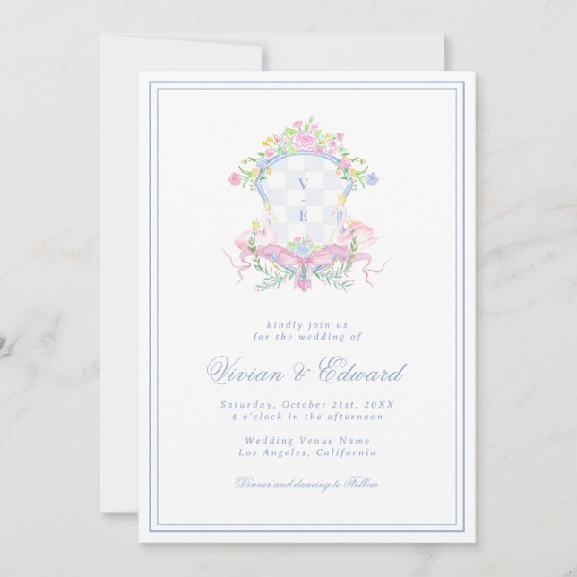 Invitación de Boda Swan Crest Monograma Azul Coste (Anverso)