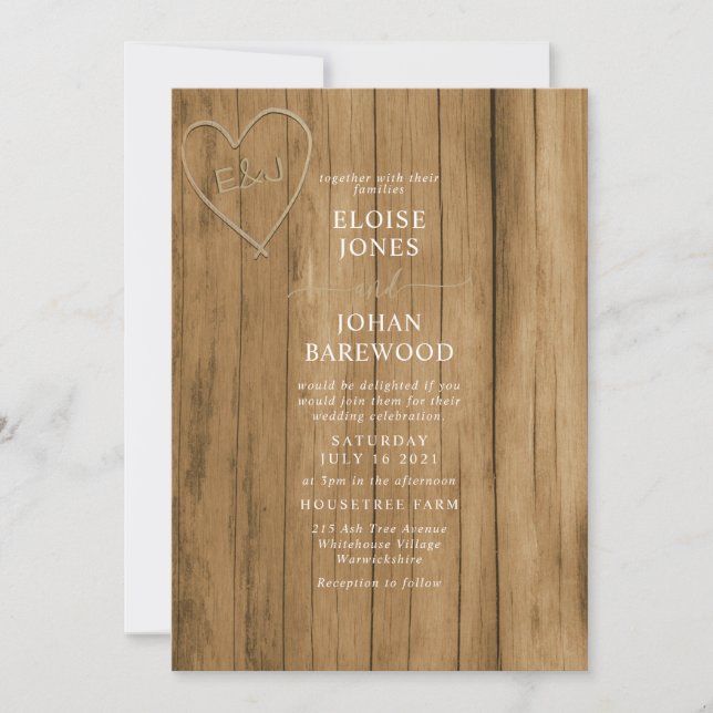 Invitación de boda tallada con efecto de madera (Anverso)