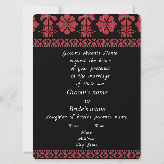 Invitación de boda Tatreez negro y rojo (Anverso)