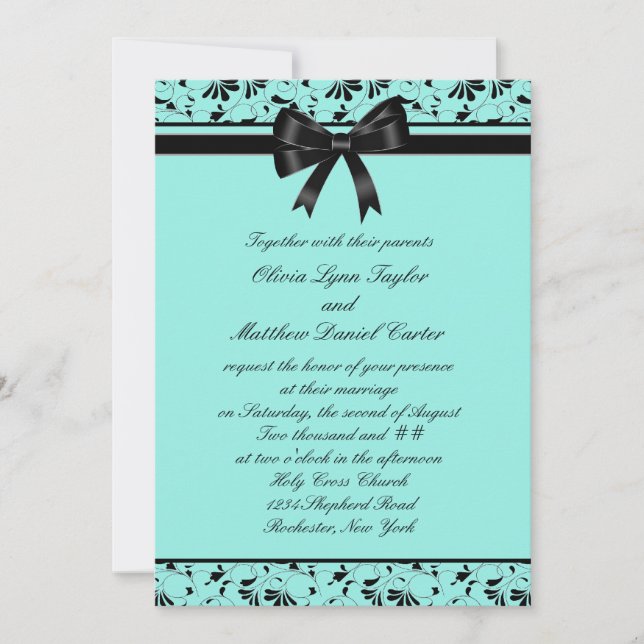 Invitación de boda Teal Blue Black Swirl Aqua 5x7 (Anverso)