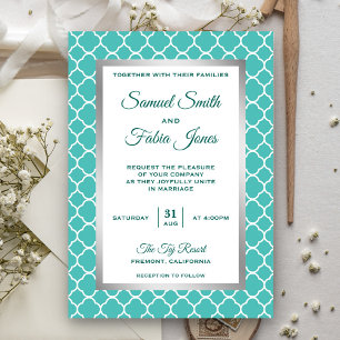 Invitación de boda teal con foil de plata falso en
